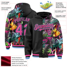 Load image into Gallery viewer, Custom Black Pink-Light Blue Tropical Palm Leaves 3D Pattern Design Bomber Full-Snap Varsity Letterman Hoodie Jacket
