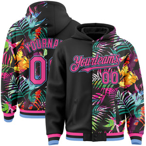 Custom Black Pink-Light Blue Tropical Palm Leaves 3D Pattern Design Bomber Full-Snap Varsity Letterman Hoodie Jacket