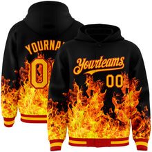 Load image into Gallery viewer, Custom Black Gold-Red Flame 3D Pattern Design Bomber Full-Snap Varsity Letterman Hoodie Jacket
