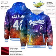 Load image into Gallery viewer, Custom Galactic White-Light Blue 3D Bomber Full-Snap Varsity Letterman Hoodie Jacket
