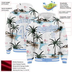 Custom White Light Blue Tropical Hawaii Palm Trees 3D Bomber Full-Snap Varsity Letterman Hoodie Jacket