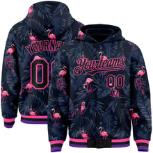 Load image into Gallery viewer, Custom Black Pink Flamingo 3D Pattern Design Bomber Full-Snap Varsity Letterman Hoodie Jacket
