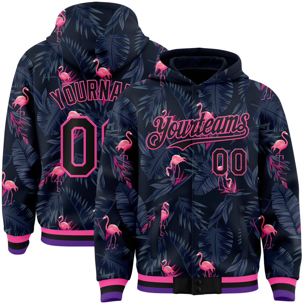 Custom Black Pink Flamingo 3D Pattern Design Bomber Full-Snap Varsity Letterman Hoodie Jacket