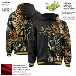 Custom Black Old Gold Tropical Hawaii Jungle Leaves 3D Bomber Full-Snap Varsity Letterman Hoodie Jacket