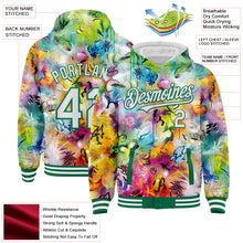 Load image into Gallery viewer, Custom Graffiti Pattern White-Kelly Green Splash 3D Bomber Full-Snap Varsity Letterman Hoodie Jacket
