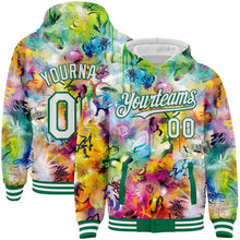 Load image into Gallery viewer, Custom Graffiti Pattern White-Kelly Green Splash 3D Bomber Full-Snap Varsity Letterman Hoodie Jacket
