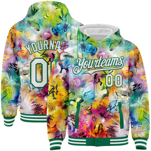 Custom Graffiti Pattern White-Kelly Green Splash 3D Bomber Full-Snap Varsity Letterman Hoodie Jacket