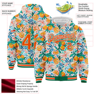 Custom White Orange-Kelly Green Fruit 3D Pattern Design Bomber Full-Snap Varsity Letterman Hoodie Jacket