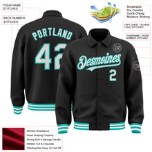 Load image into Gallery viewer, Custom Black White-Aqua Bomber Full-Snap Varsity Letterman Lapel Collar Byron Jacket
