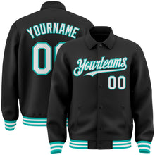 Load image into Gallery viewer, Custom Black White-Aqua Bomber Full-Snap Varsity Letterman Lapel Collar Byron Jacket
