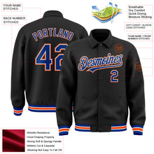 Load image into Gallery viewer, Custom Black Royal-Orange Bomber Full-Snap Varsity Letterman Lapel Collar Byron Jacket
