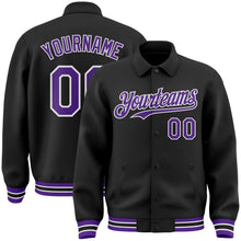 Load image into Gallery viewer, Custom Black Purple-White Bomber Full-Snap Varsity Letterman Lapel Collar Byron Jacket
