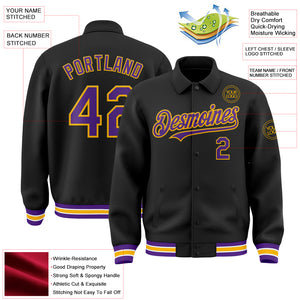 Custom Black Purple-Gold Bomber Full-Snap Varsity Letterman Lapel Collar Byron Jacket