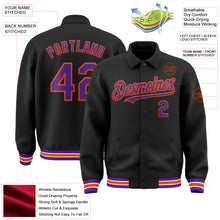 Load image into Gallery viewer, Custom Black Purple-Orange Bomber Full-Snap Varsity Letterman Lapel Collar Byron Jacket
