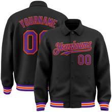 Load image into Gallery viewer, Custom Black Purple-Orange Bomber Full-Snap Varsity Letterman Lapel Collar Byron Jacket
