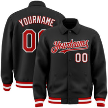 Load image into Gallery viewer, Custom Black Red-White Bomber Full-Snap Varsity Letterman Lapel Collar Byron Jacket
