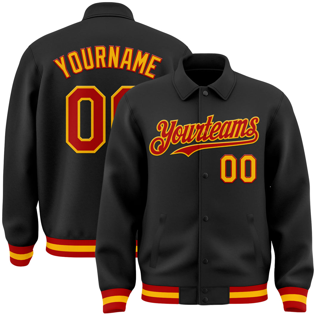 Custom Black Red-Gold Bomber Full-Snap Varsity Letterman Lapel Collar Byron Jacket