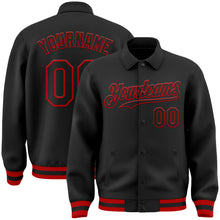 Load image into Gallery viewer, Custom Black Red Bomber Full-Snap Varsity Letterman Lapel Collar Byron Jacket
