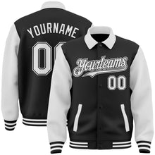 Load image into Gallery viewer, Custom Black White Bomber Full-Snap Varsity Letterman Two Tone Lapel Collar Byron Jacket
