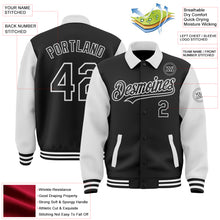 Load image into Gallery viewer, Custom Black White Bomber Full-Snap Varsity Letterman Two Tone Lapel Collar Byron Jacket
