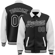 Load image into Gallery viewer, Custom Black White Bomber Full-Snap Varsity Letterman Two Tone Lapel Collar Byron Jacket
