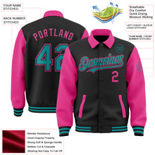 Load image into Gallery viewer, Custom Black Teal-Pink Bomber Full-Snap Varsity Letterman Two Tone Lapel Collar Byron Jacket
