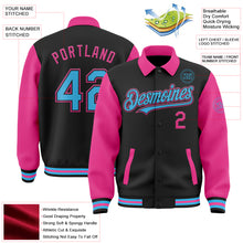 Load image into Gallery viewer, Custom Black Sky Blue-Pink Bomber Full-Snap Varsity Letterman Two Tone Lapel Collar Byron Jacket
