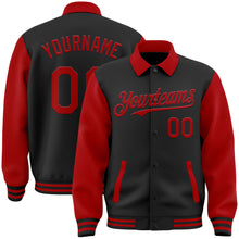 Load image into Gallery viewer, Custom Black Red Bomber Full-Snap Varsity Letterman Two Tone Lapel Collar Byron Jacket
