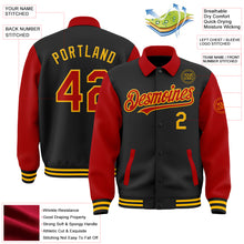 Load image into Gallery viewer, Custom Black Red-Gold Bomber Full-Snap Varsity Letterman Two Tone Lapel Collar Byron Jacket
