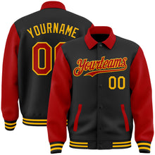 Load image into Gallery viewer, Custom Black Red-Gold Bomber Full-Snap Varsity Letterman Two Tone Lapel Collar Byron Jacket
