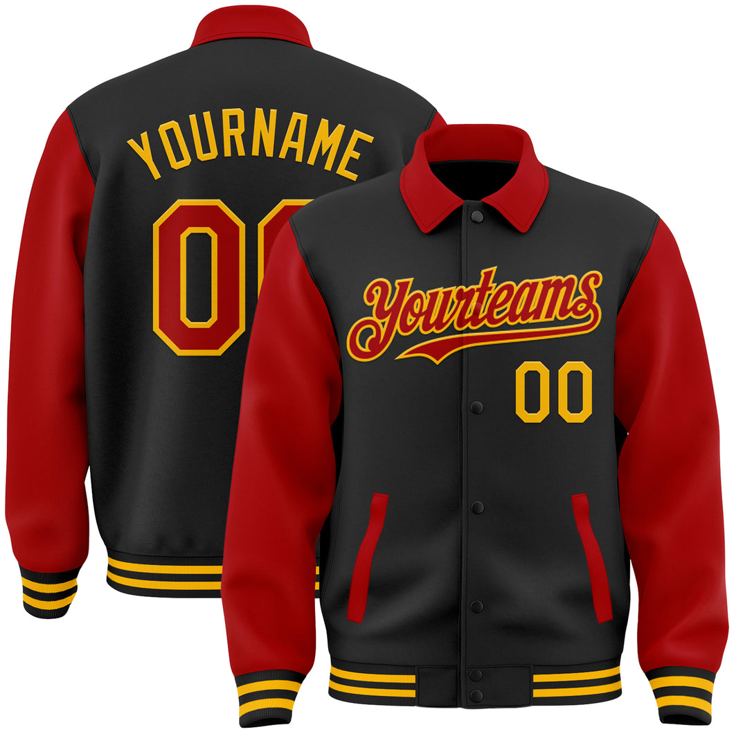 Custom Black Red-Gold Bomber Full-Snap Varsity Letterman Two Tone Lapel Collar Byron Jacket