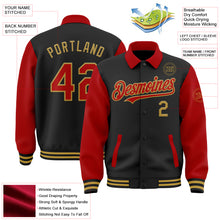 Load image into Gallery viewer, Custom Black Red-Old Gold Bomber Full-Snap Varsity Letterman Two Tone Lapel Collar Byron Jacket
