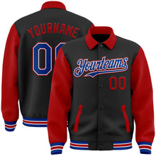 Load image into Gallery viewer, Custom Black Royal-Red Bomber Full-Snap Varsity Letterman Two Tone Lapel Collar Byron Jacket
