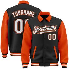 Load image into Gallery viewer, Custom Black White-Orange Bomber Full-Snap Varsity Letterman Two Tone Lapel Collar Byron Jacket
