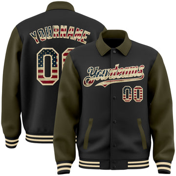 Custom Black Vintage USA Flag Olive-Cream Bomber Full-Snap Varsity Letterman Two Tone Lapel Collar Byron Jacket