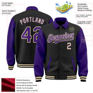 Custom Black Purple-Cream Bomber Full-Snap Varsity Letterman Two Tone Lapel Collar Byron Jacket