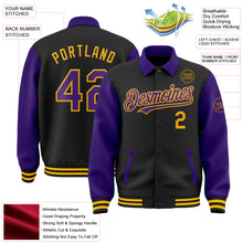 Load image into Gallery viewer, Custom Black Purple-Gold Bomber Full-Snap Varsity Letterman Two Tone Lapel Collar Byron Jacket
