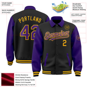 Custom Black Purple-Gold Bomber Full-Snap Varsity Letterman Two Tone Lapel Collar Byron Jacket