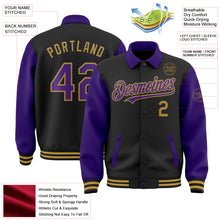 Load image into Gallery viewer, Custom Black Purple-Old Gold Bomber Full-Snap Varsity Letterman Two Tone Lapel Collar Byron Jacket
