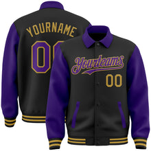 Load image into Gallery viewer, Custom Black Purple-Old Gold Bomber Full-Snap Varsity Letterman Two Tone Lapel Collar Byron Jacket
