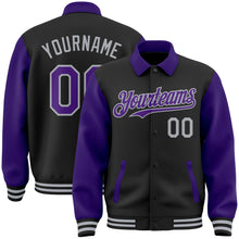 Load image into Gallery viewer, Custom Black Purple-Gray Bomber Full-Snap Varsity Letterman Two Tone Lapel Collar Byron Jacket
