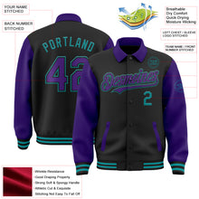 Load image into Gallery viewer, Custom Black Purple-Teal Bomber Full-Snap Varsity Letterman Two Tone Lapel Collar Byron Jacket
