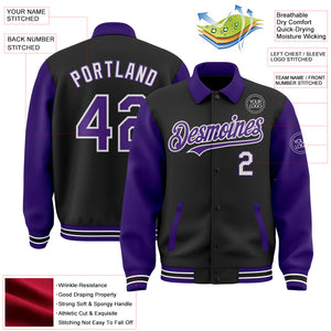 Custom Black Purple-White Bomber Full-Snap Varsity Letterman Two Tone Lapel Collar Byron Jacket