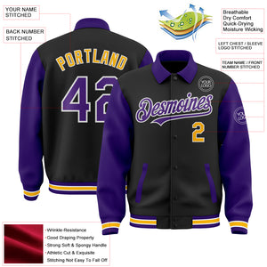 Custom Black Purple-Gold Bomber Full-Snap Varsity Letterman Two Tone Lapel Collar Byron Jacket