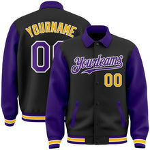 Load image into Gallery viewer, Custom Black Purple-Gold Bomber Full-Snap Varsity Letterman Two Tone Lapel Collar Byron Jacket
