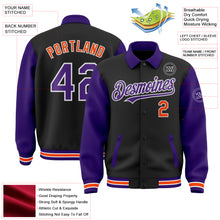 Load image into Gallery viewer, Custom Black Purple-Orange Bomber Full-Snap Varsity Letterman Two Tone Lapel Collar Byron Jacket
