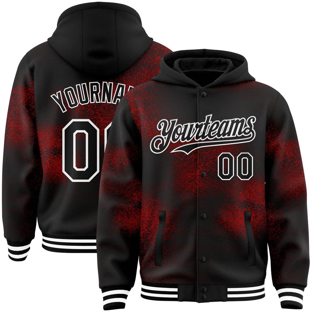 Custom Black Red-White Abstract Network 3D Pattern Design Bomber Full-Snap Varsity Letterman Hoodie Jacket