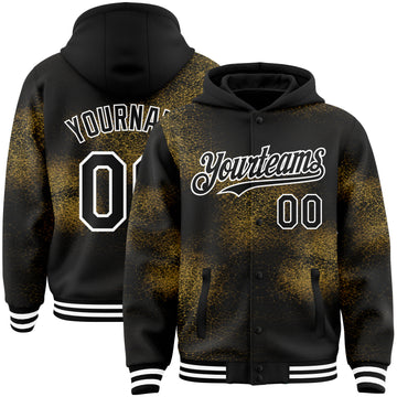 Custom Black Old Gold-White Abstract Network 3D Pattern Design Bomber Full-Snap Varsity Letterman Hoodie Jacket