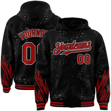 Custom Black Red-White Geometric Shape 3D Pattern Design Bomber Full-Snap Varsity Letterman Hoodie Jacket