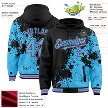 Load image into Gallery viewer, Custom Black Sky Blue-Pink Abstract Splash Grunge Art 3D Pattern Design Bomber Full-Snap Varsity Letterman Hoodie Jacket
